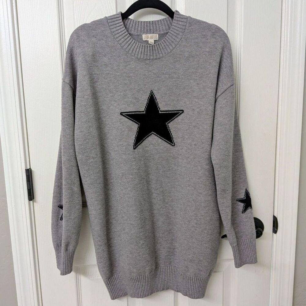 Vintage Black Star Logo Grey Knitted Y2K Crewneck Sweater Dress | SZ Large